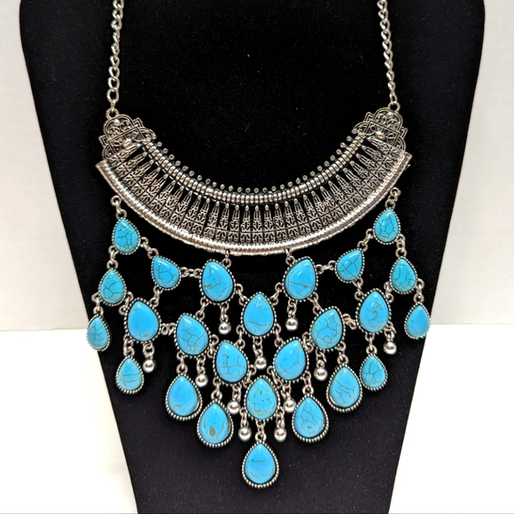 Silver & Turquoise Layered Collar Necklace Vintage - Picture 1 of 6